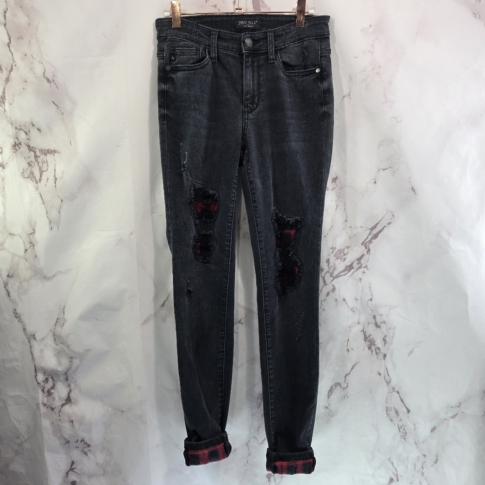Judy Blue Jean Womens 25 1 Black Skinny Patches Denim Holes Plaid Flannel Cuffed